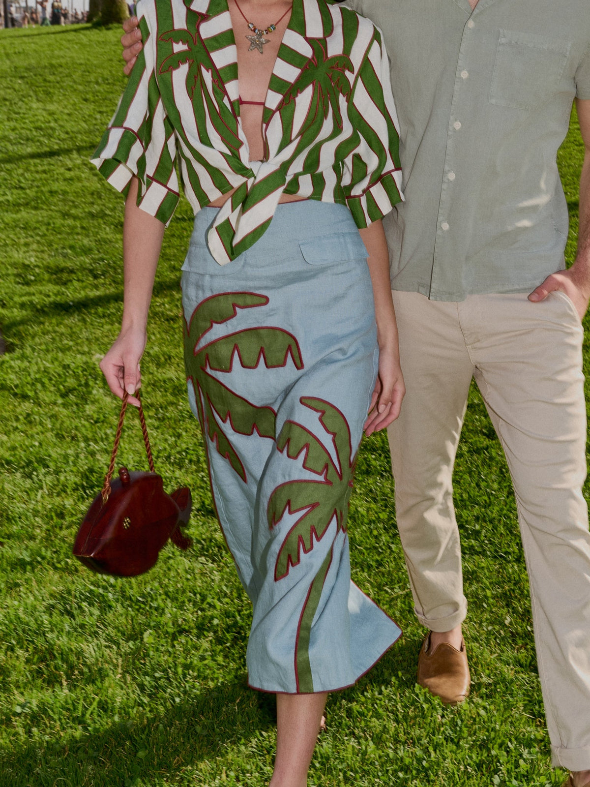 Farm Rio Women's Embroidered Palm Tree Linen Maxi Skirt