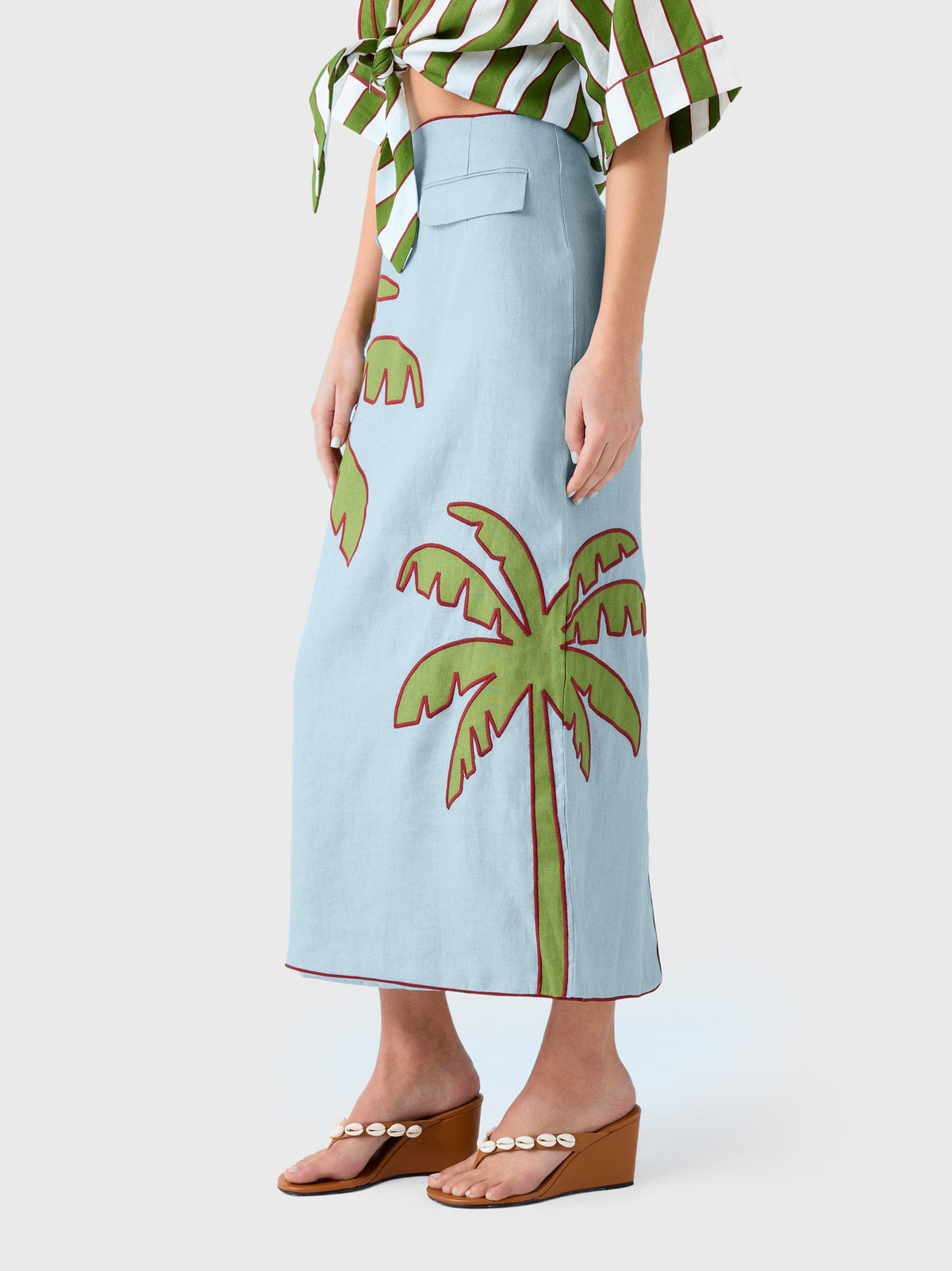 Farm Rio Women's Embroidered Palm Tree Linen Maxi Skirt