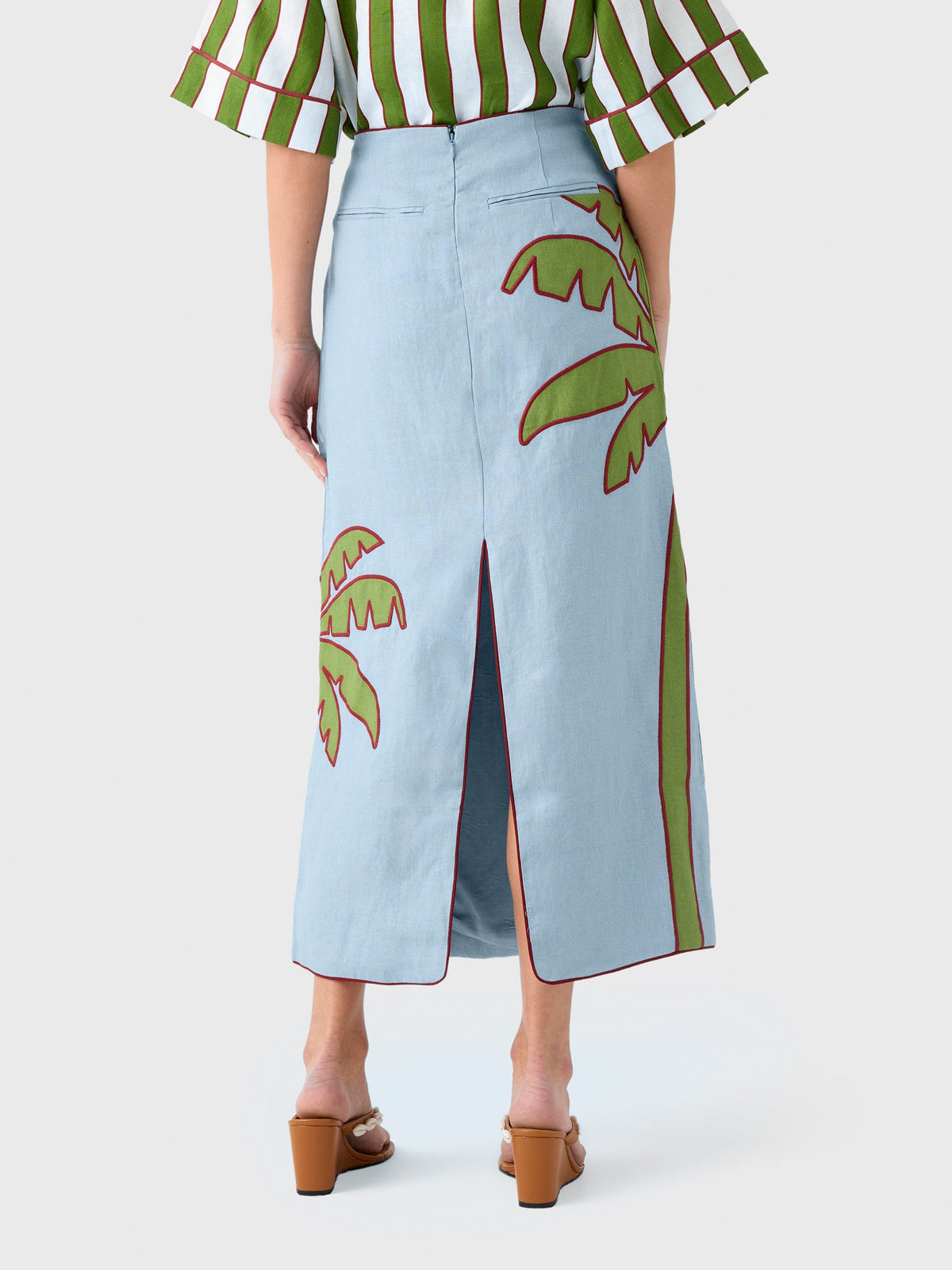 Farm Rio Women's Embroidered Palm Tree Linen Maxi Skirt