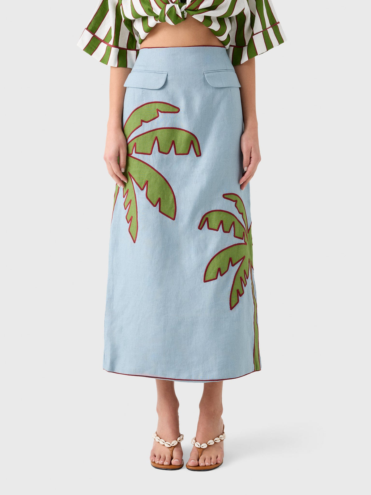 Farm Rio Women's Embroidered Palm Tree Linen Maxi Skirt