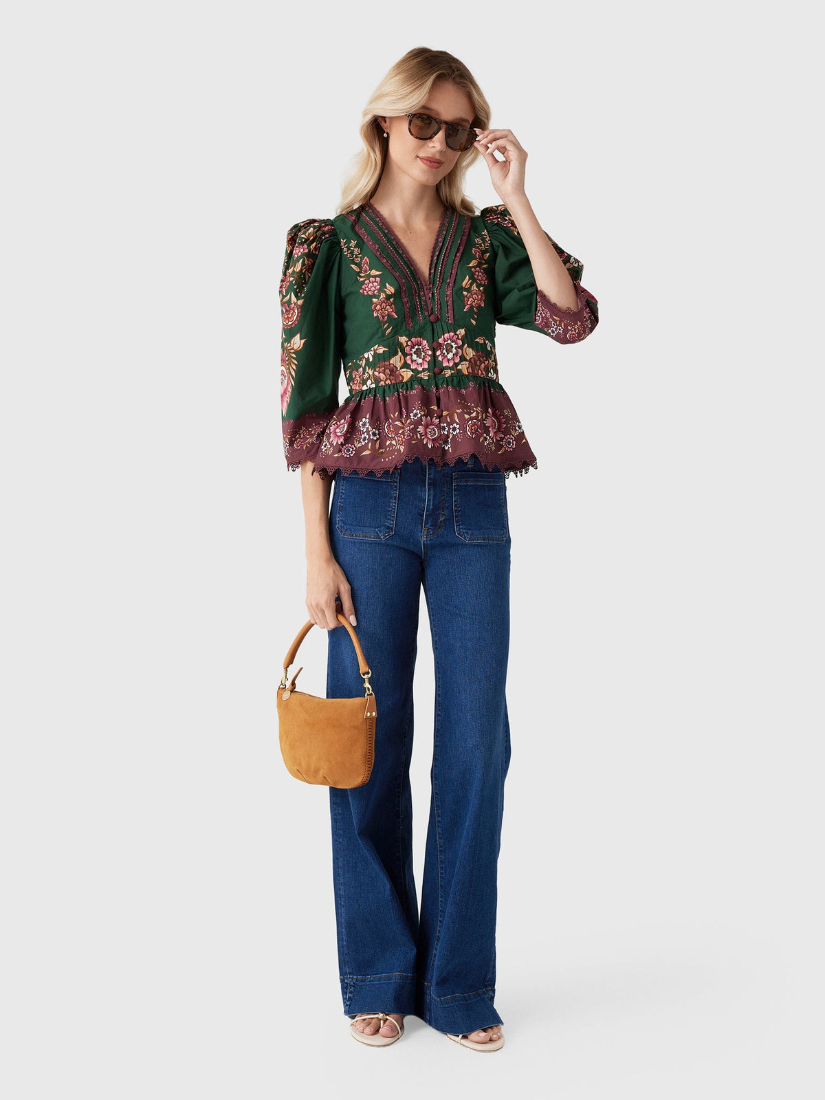 Farm Rio Women's Daniela Lace Puff Sleeve Blouse