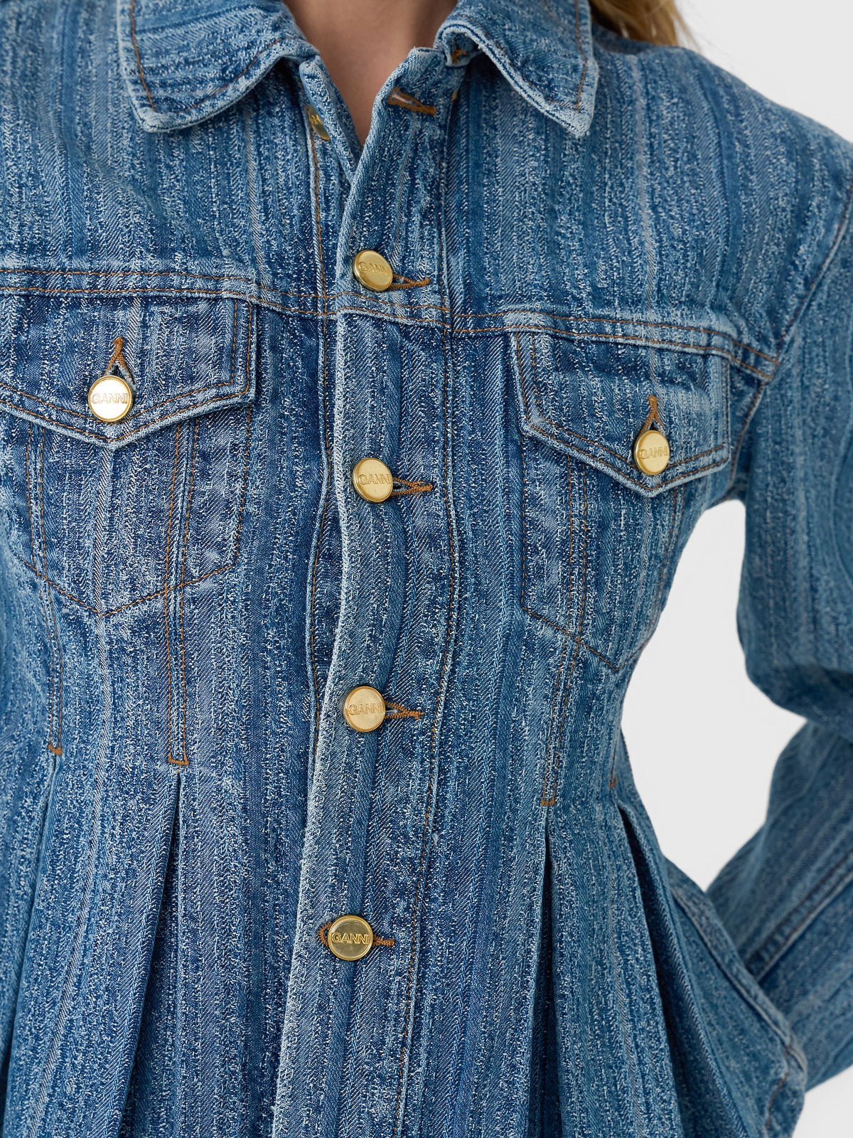 GANNI Women's Striped Denim Pleated Jacket