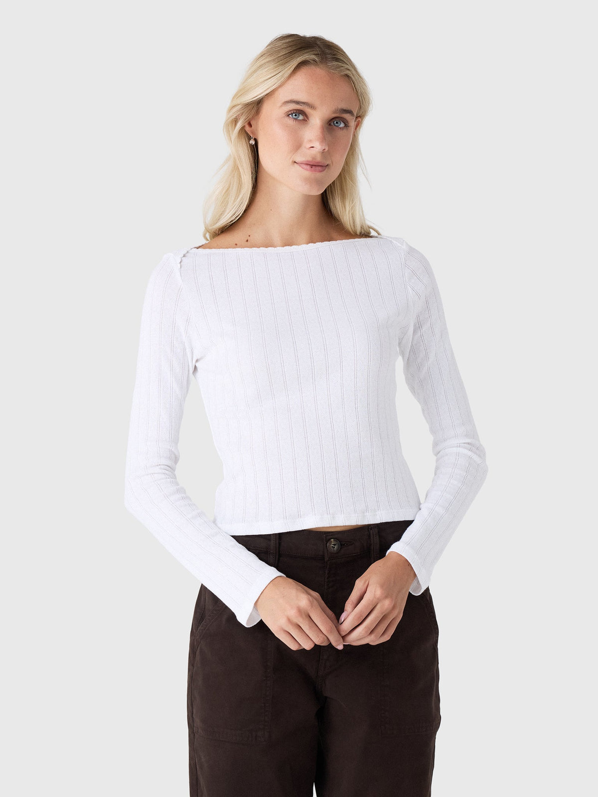 Leset Women's Pointelle Long Sleeve Bateau Top