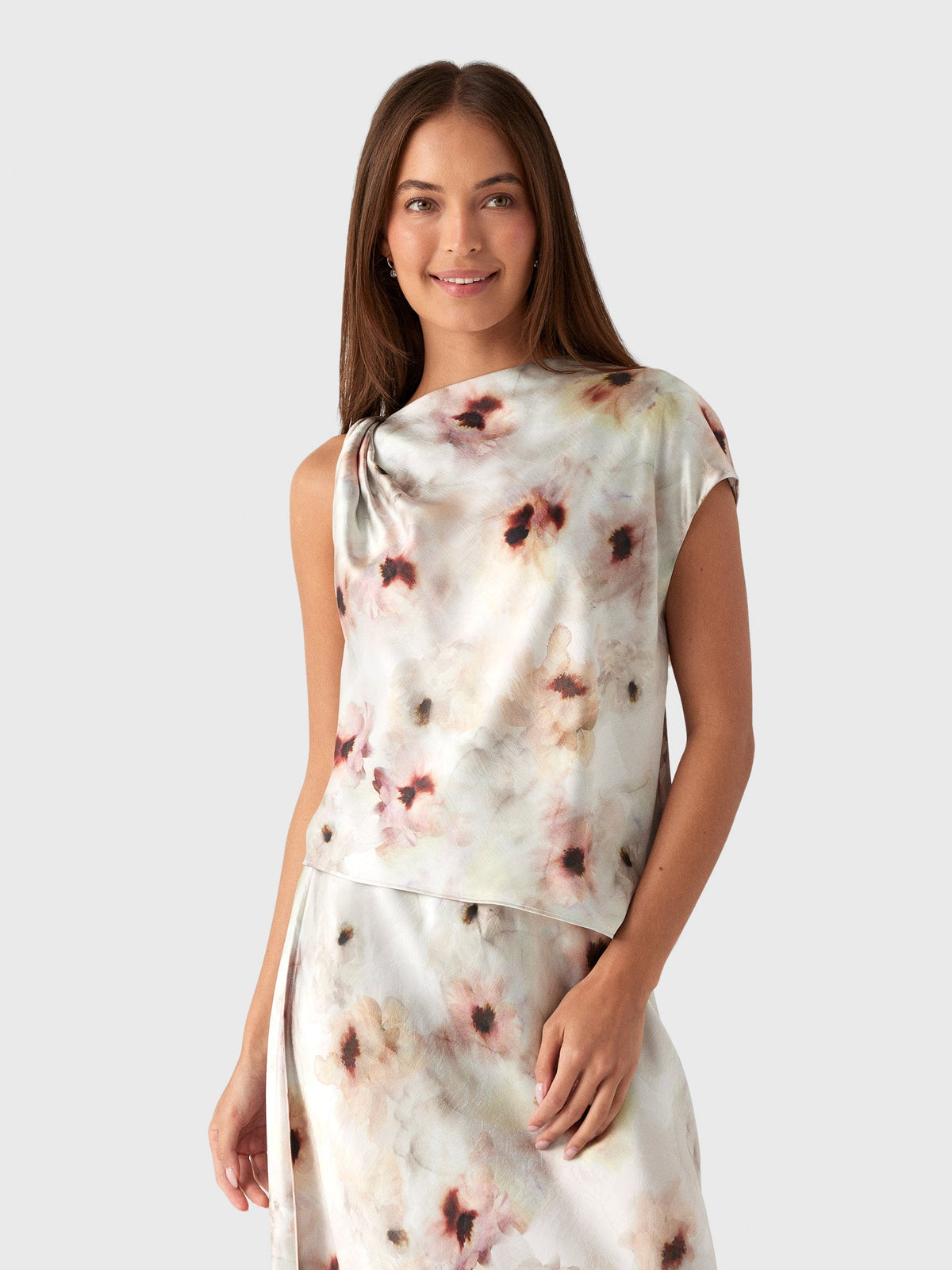 Vince Women's Watercolor Floral Satin Twist-Shoulder Top