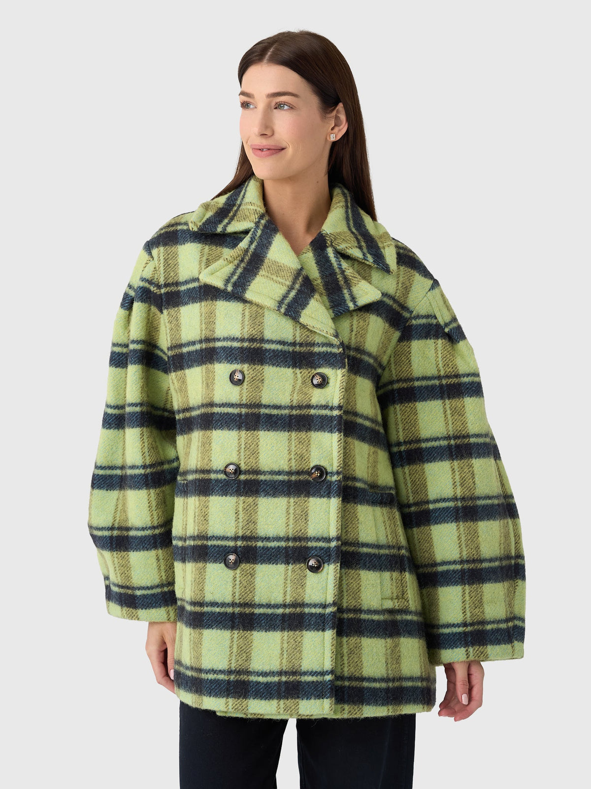 GANNI Women's Check Oversized Brushed Wool Midi Coat